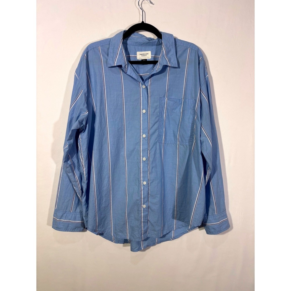 Coastal Preppy American Eagle Striped Button Down Shirt Women Medium Blue